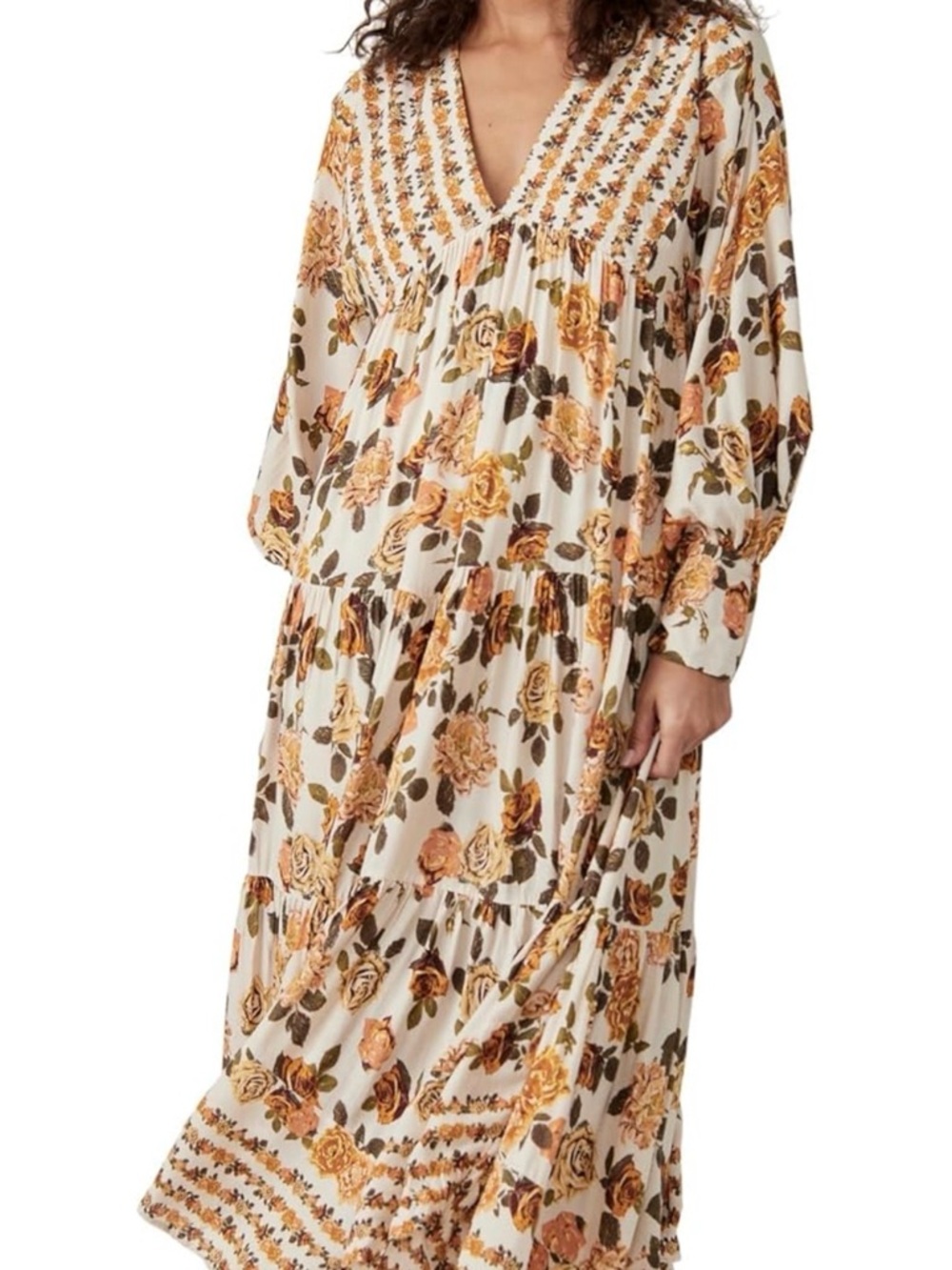 Free People Cream Maxi Dress with Mustard Floral Print